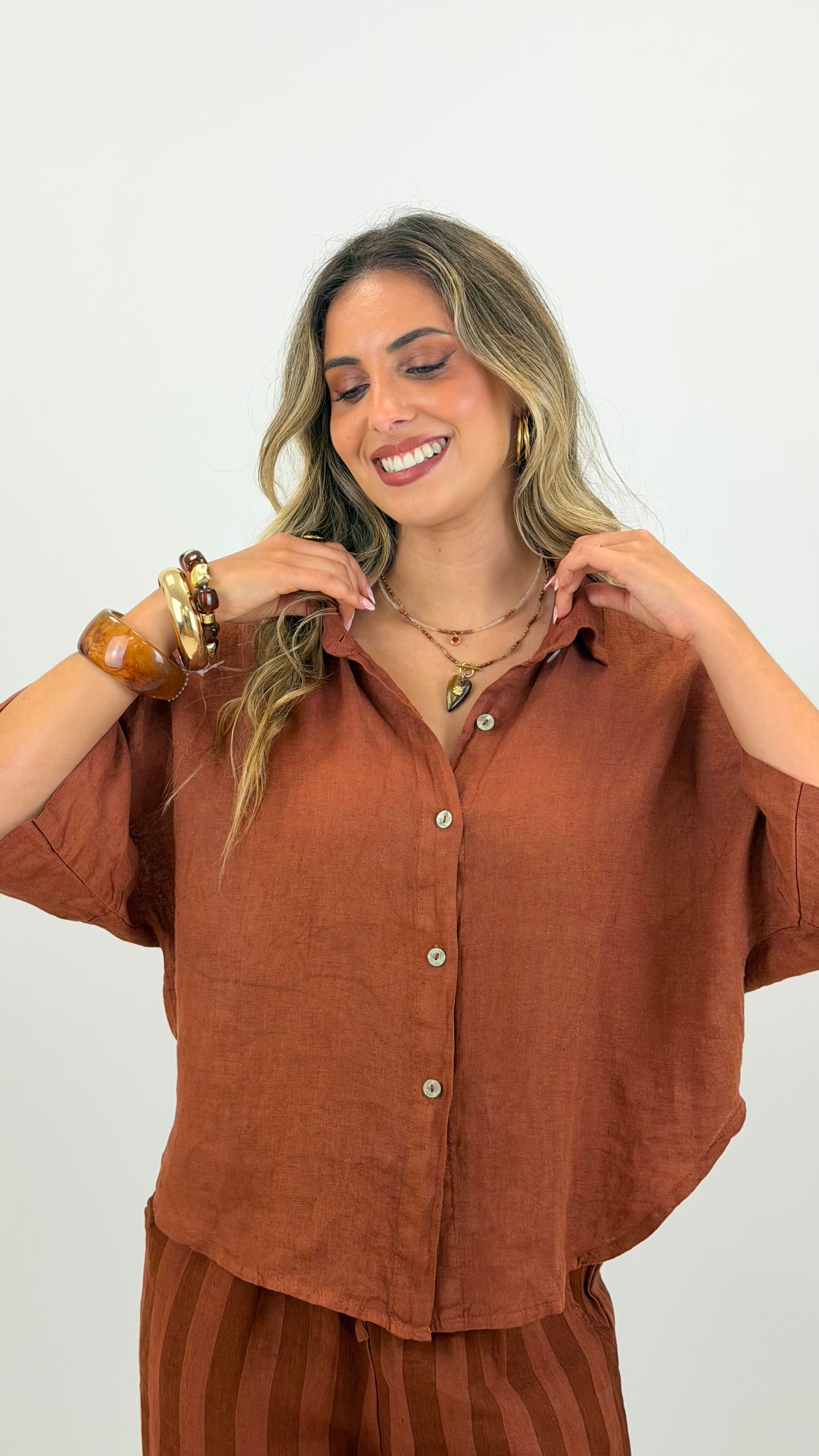 Camisa linho manga 3/4 telha