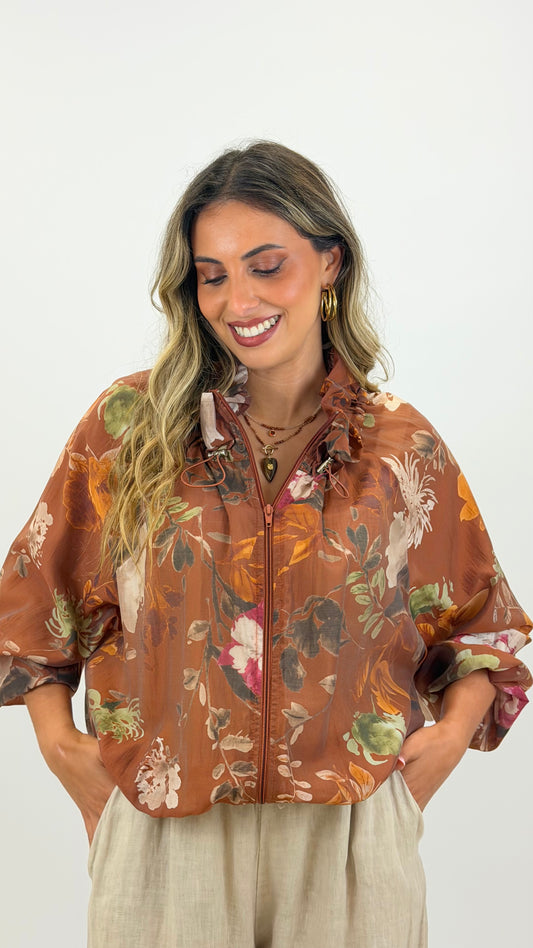 Bomber acetinado translúcido telha estampado floral
