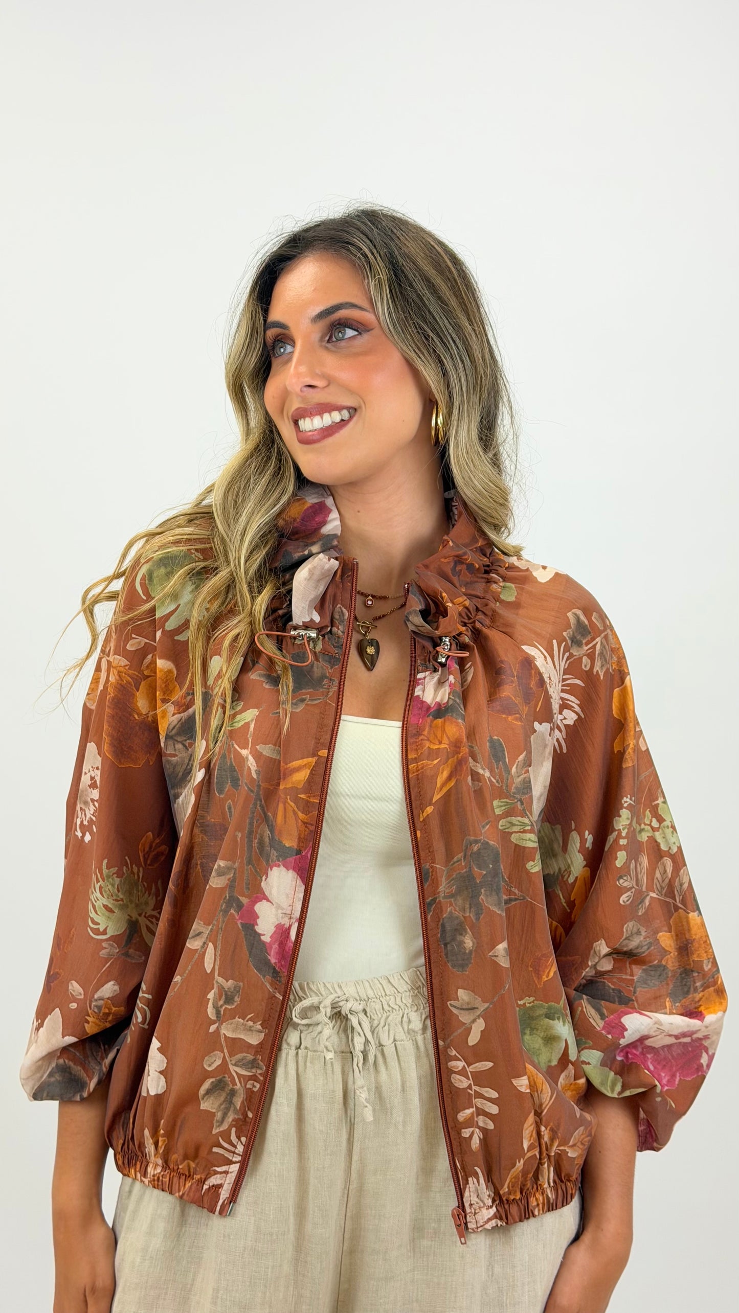 Bomber acetinado translúcido telha estampado floral