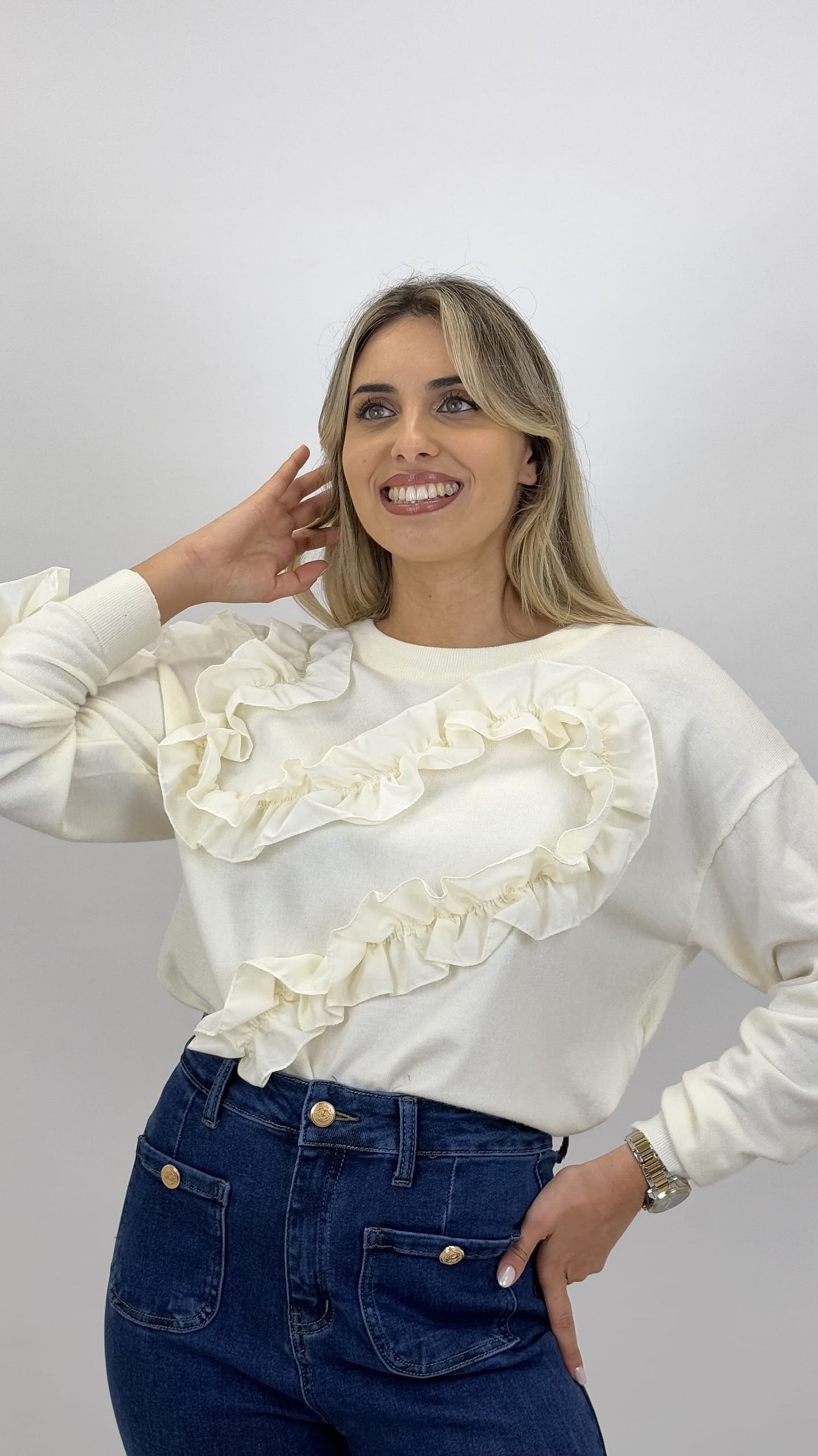 Camisola pérola com folhos