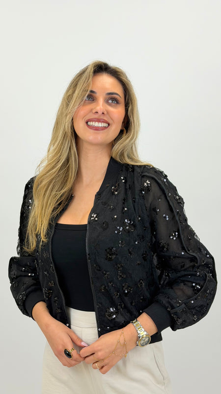Bomber traslucido lantejoulas preto