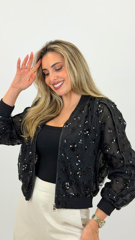Bomber traslucido lantejoulas preto hover