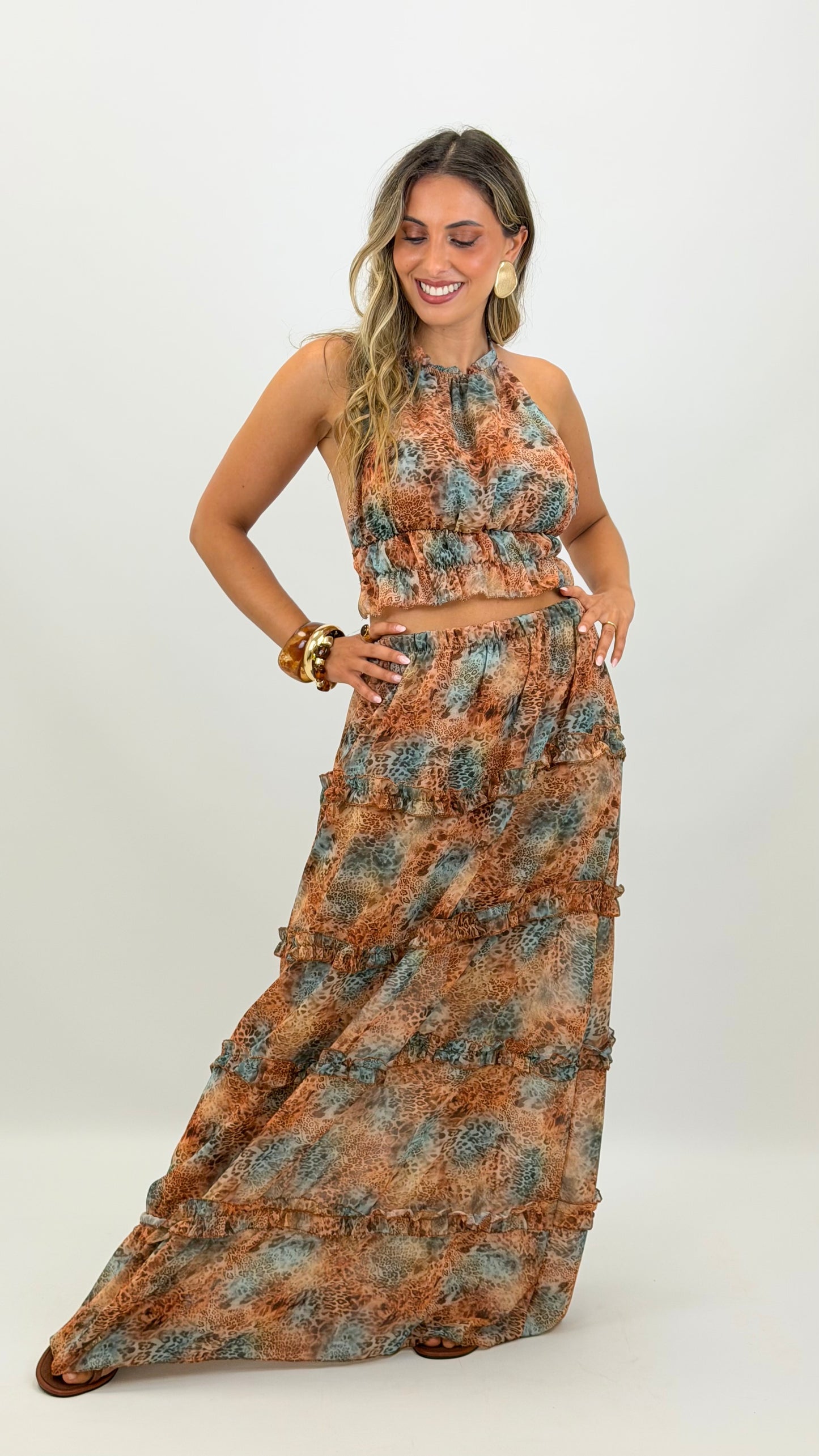 Conjunto top e saia tigre aqua