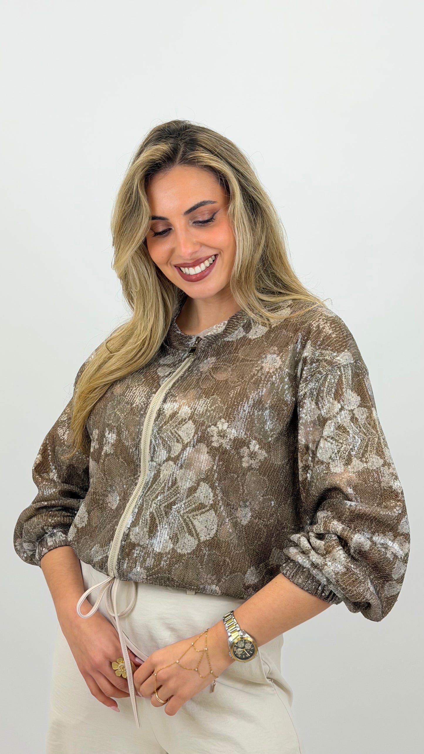 Bomber lantejoulas estampado floral tons castanho