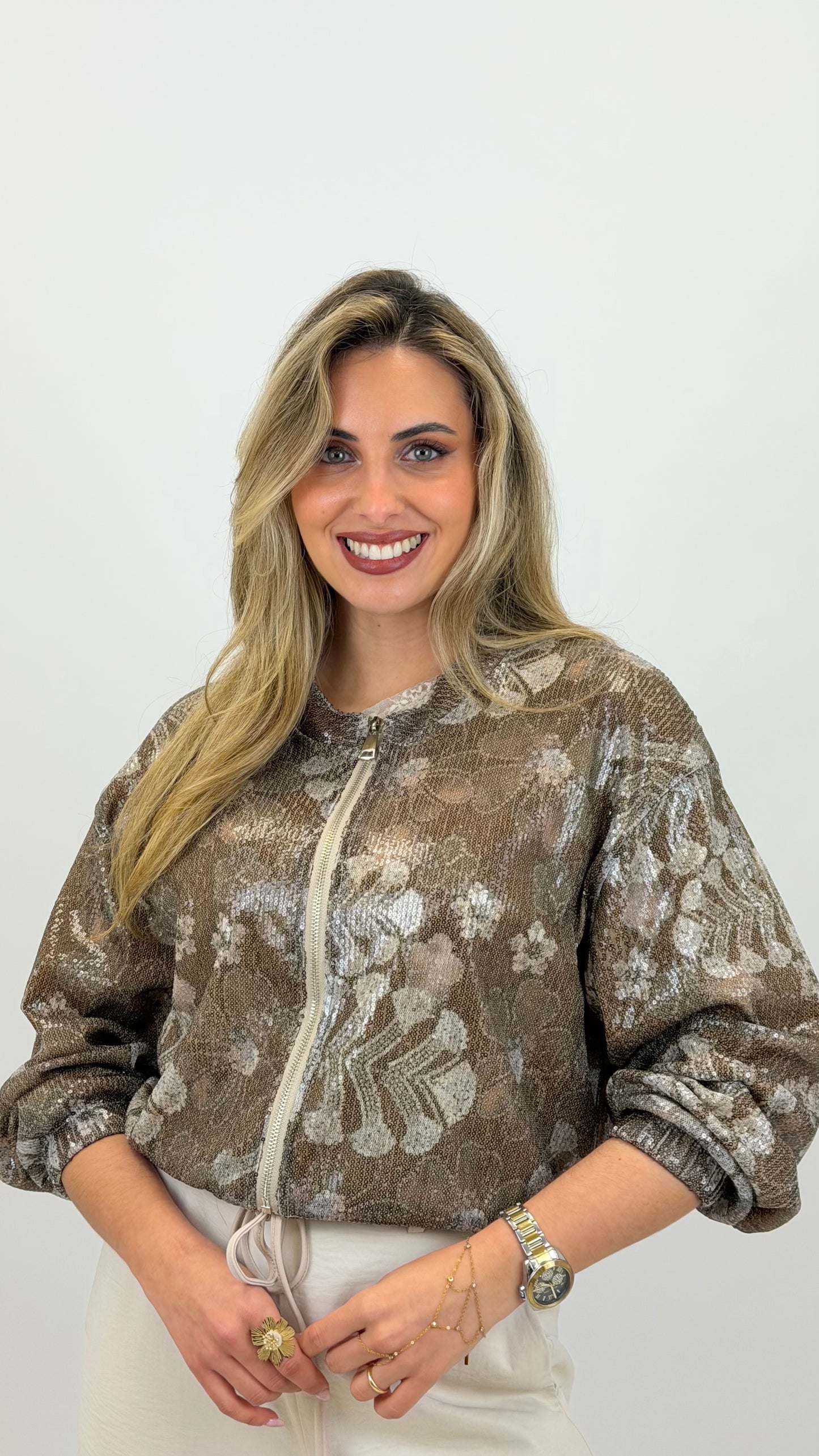 Bomber lantejoulas estampado floral tons castanho
