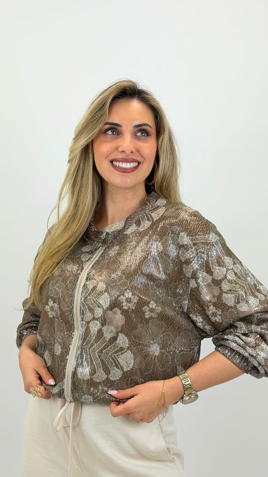 Bomber lantejoulas estampado floral tons castanho