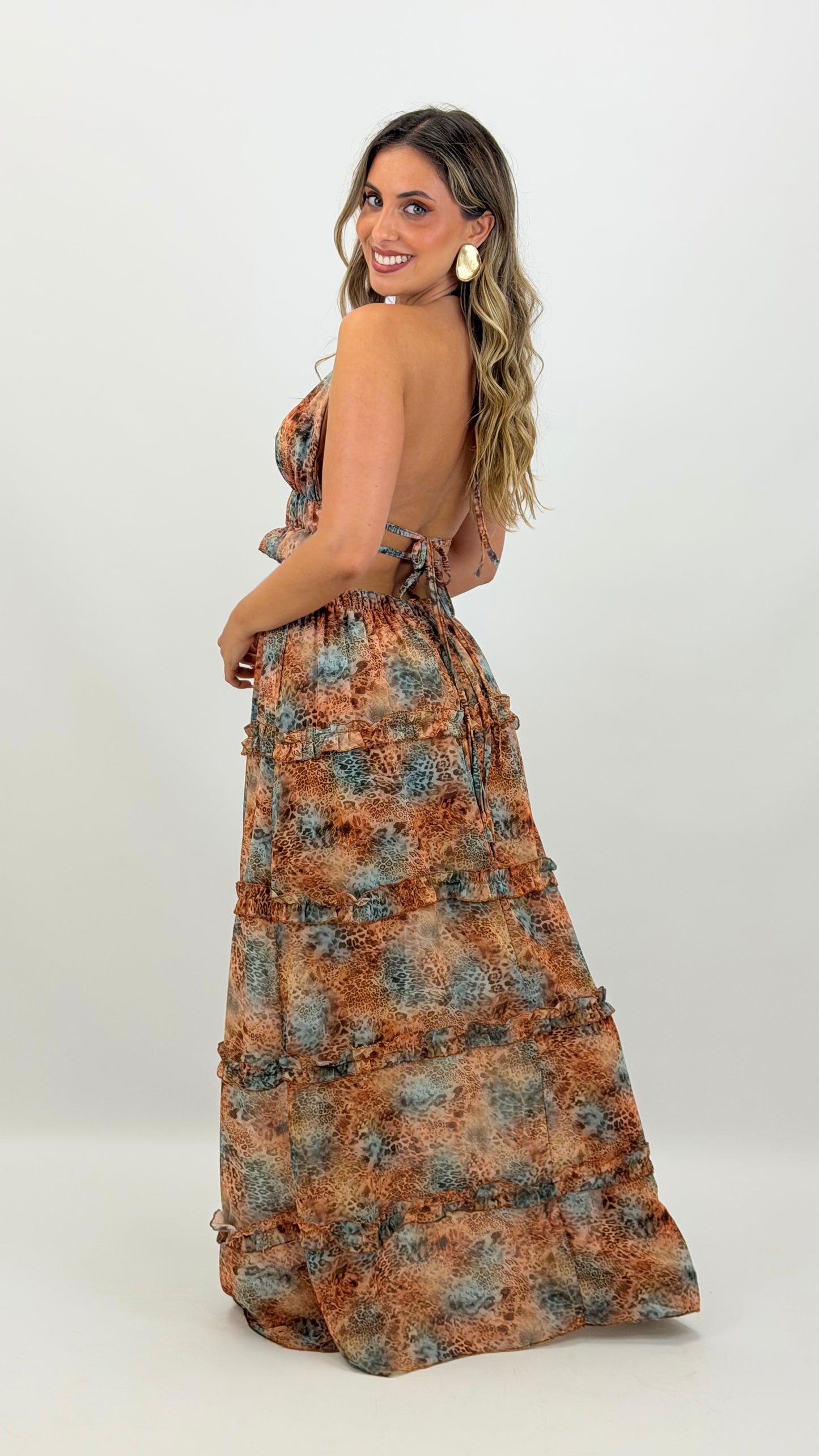 Conjunto top e saia tigre aqua