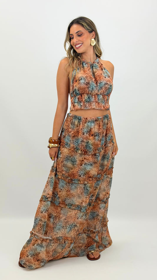 Conjunto top e saia tigre aqua