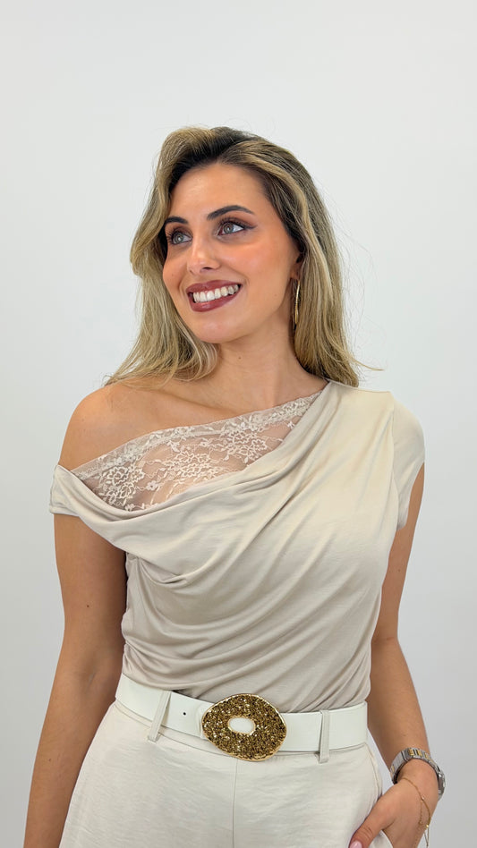 Top malha macia e elástica taupe com renda