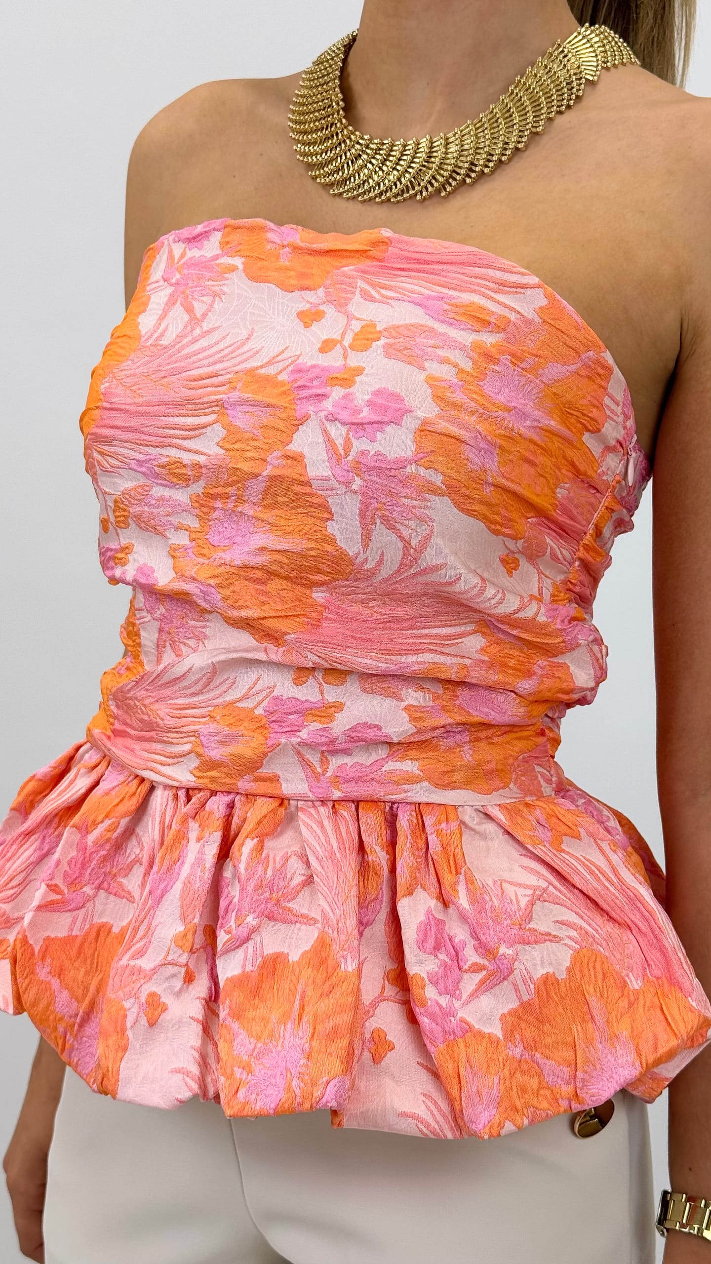 Top cai-cai brocado laranja e rosa