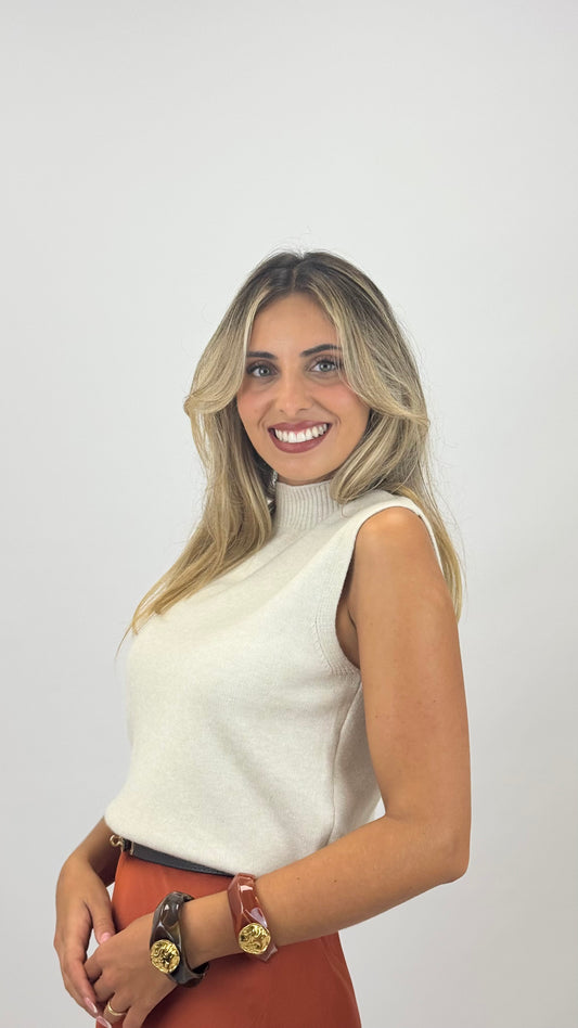 Top halter-neck em malha creme
