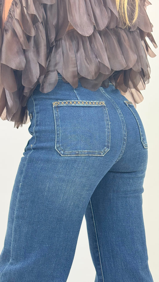 Calça de ganga wide-leg com pesponto camel
