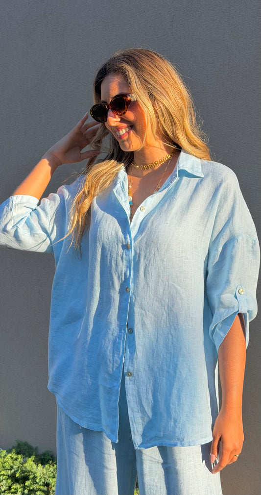 Camisa linho azul-bebé