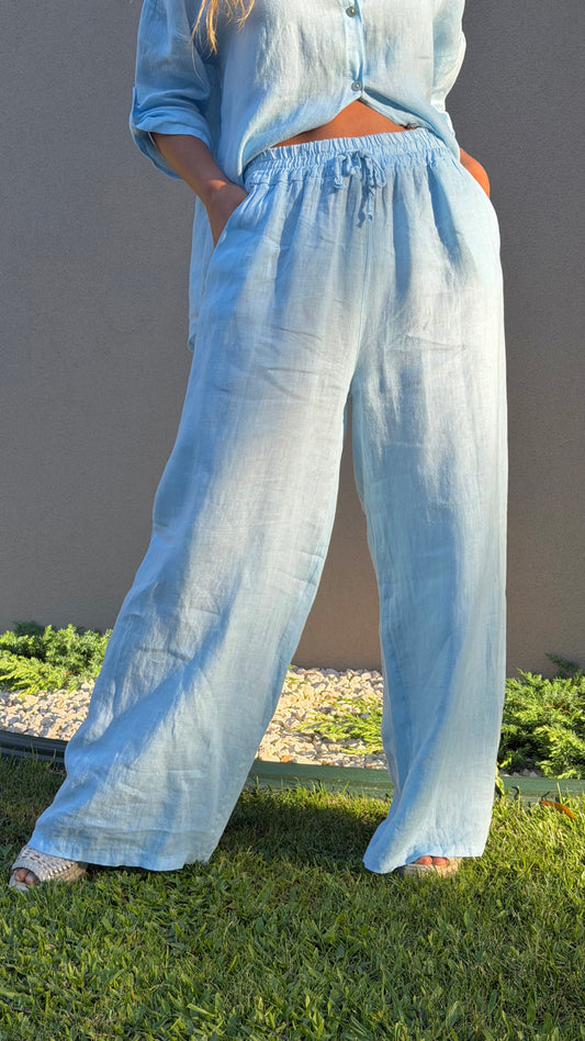 Calça linho azul-bebé