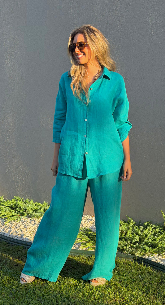 Camisa linho verde-cobalto