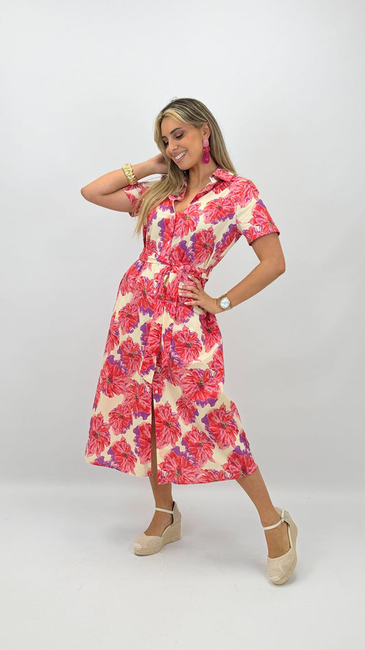 Vestido estampado floral tons laranja e lilás