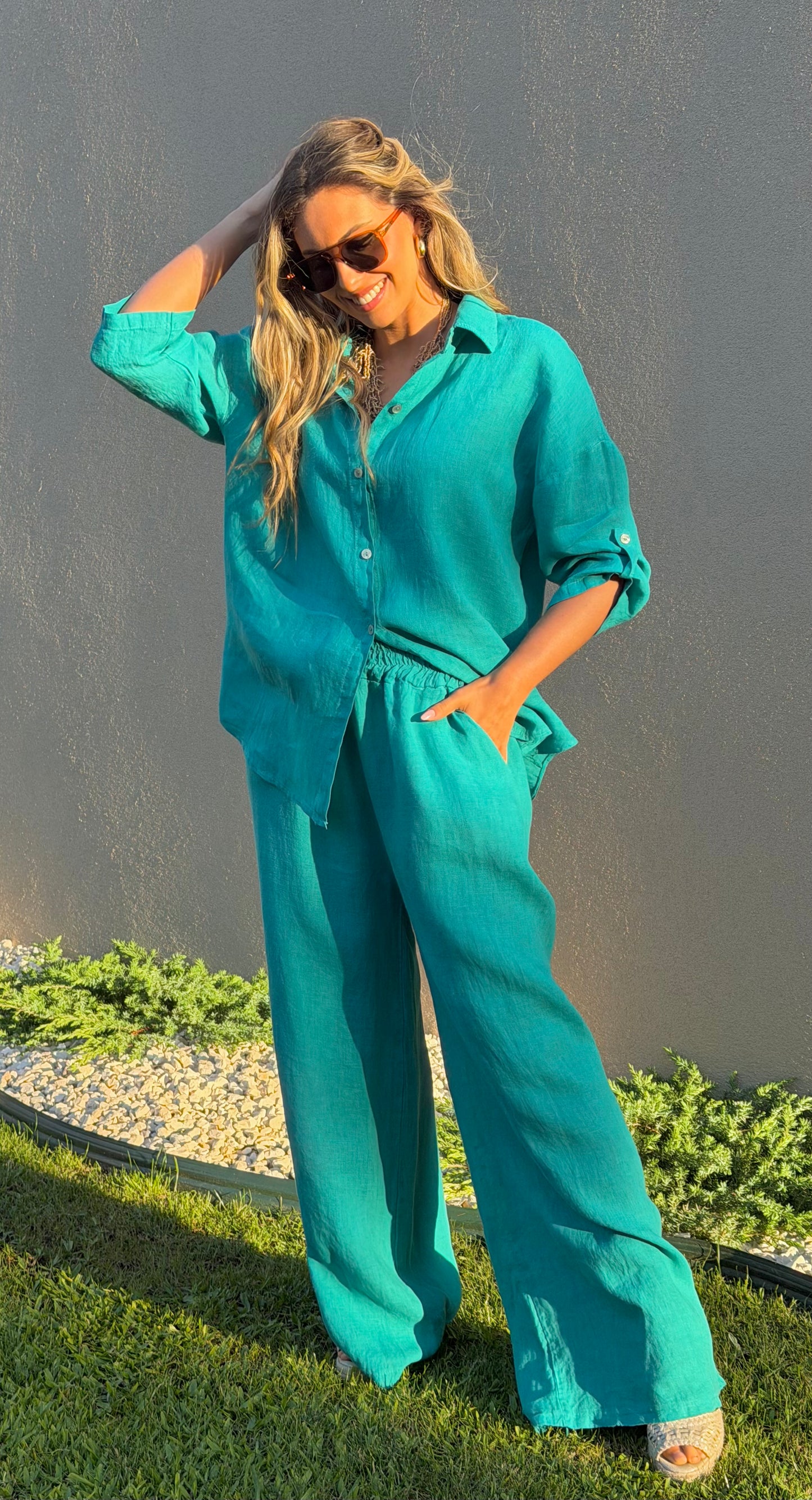 Calça linho verde-cobalto
