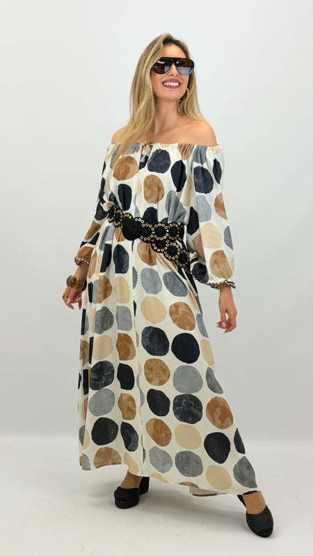 Vestido decote elástico com estampado bolas tons terra