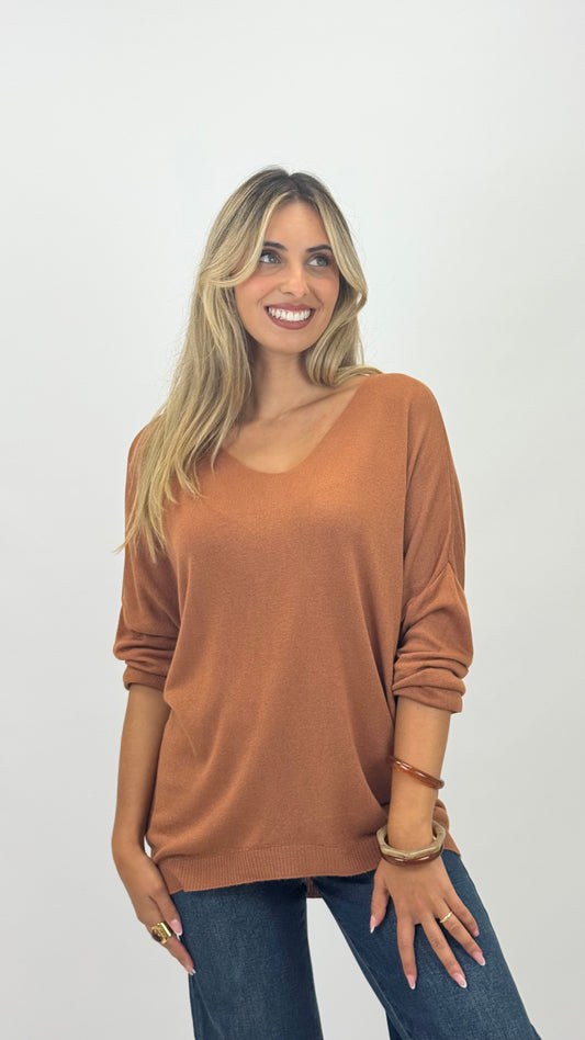 Camisola malha básica manga comprida telha