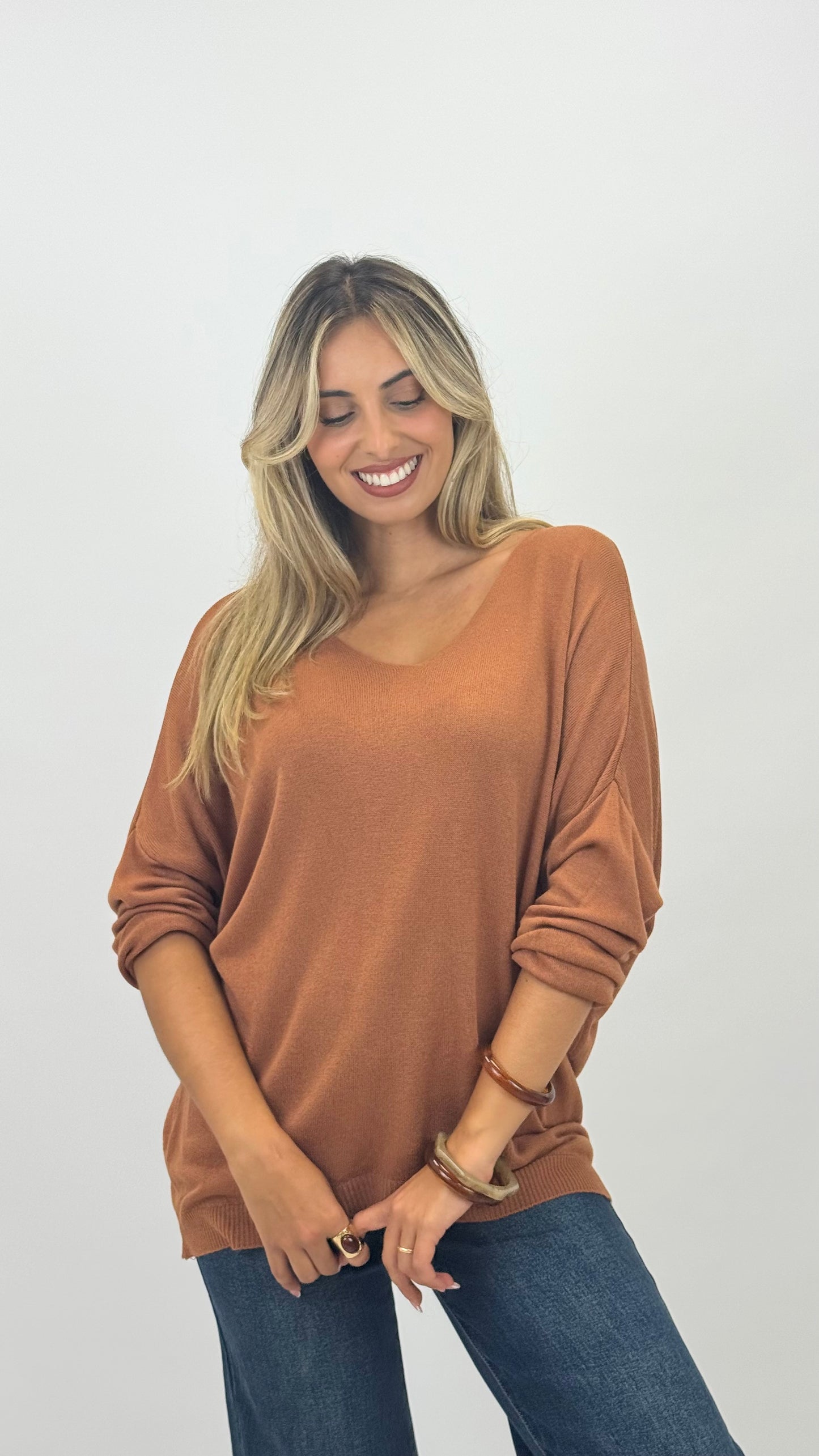 Camisola malha básica manga comprida telha
