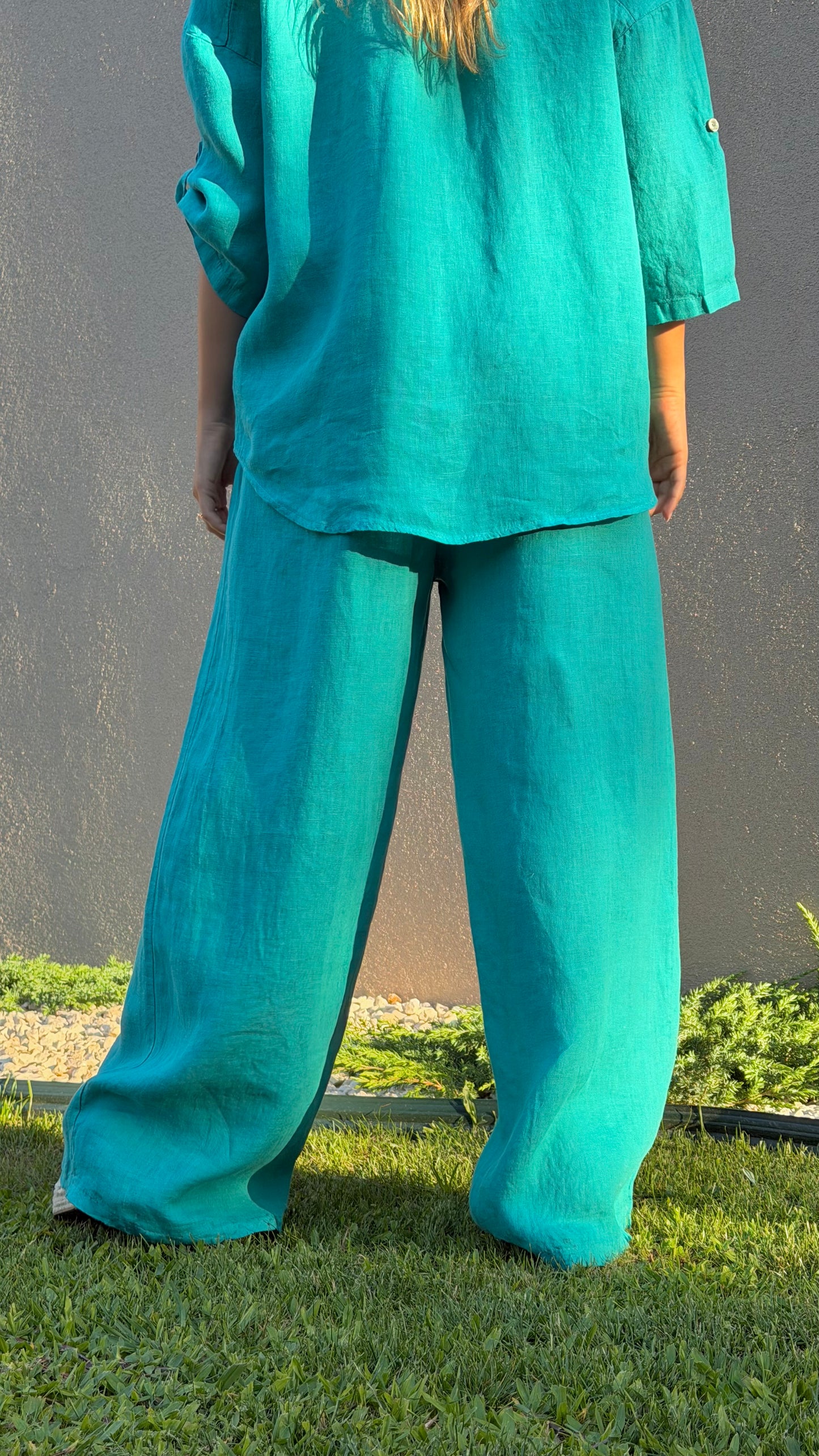 Calça linho verde-cobalto