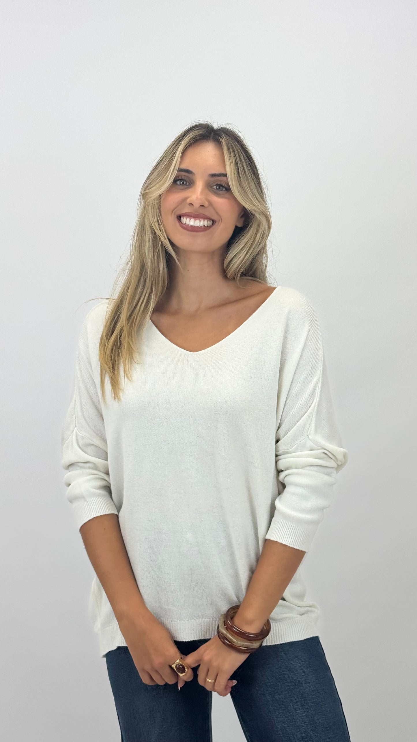 Camisola malha básica manga comprida pérola