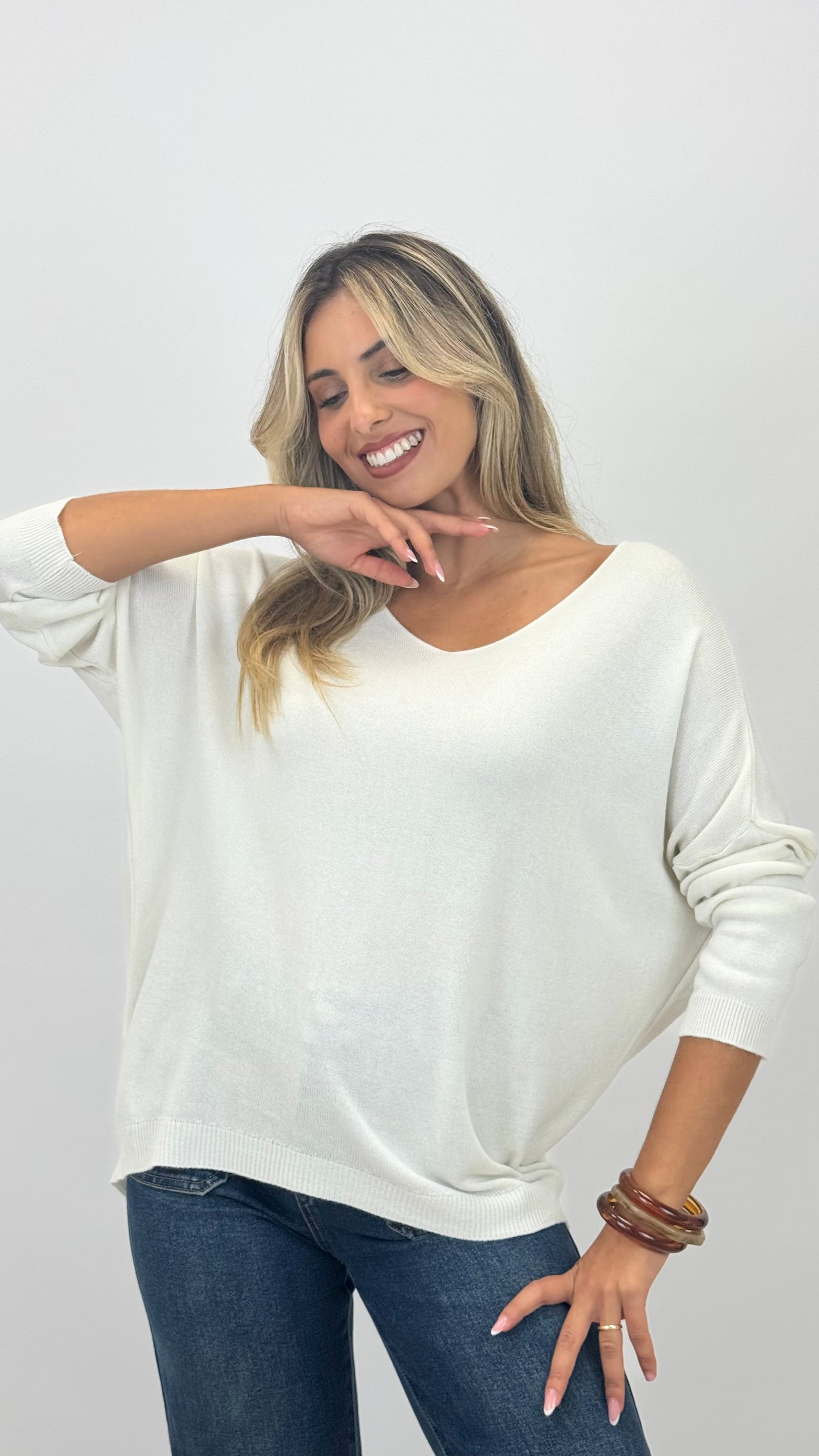 Camisola malha básica manga comprida pérola
