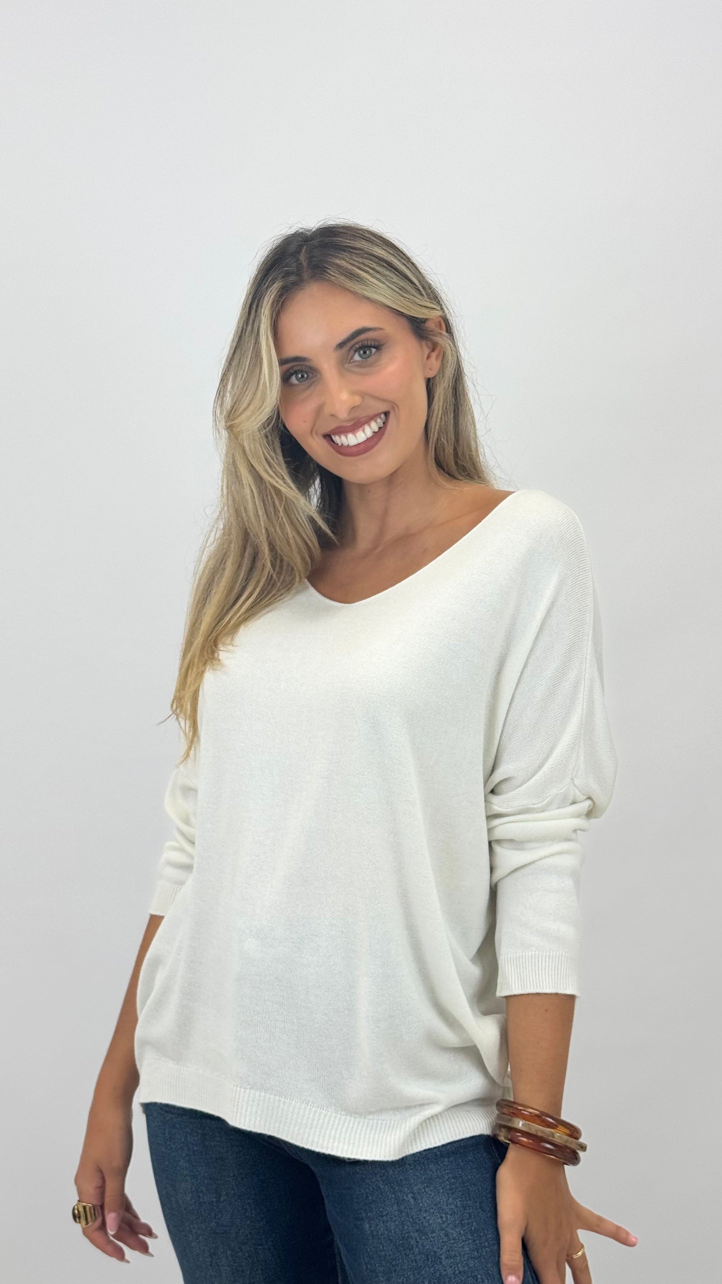 Camisola malha básica manga comprida pérola