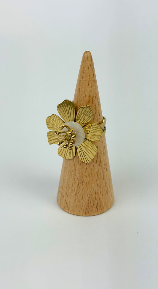 Anel aço dourado flor