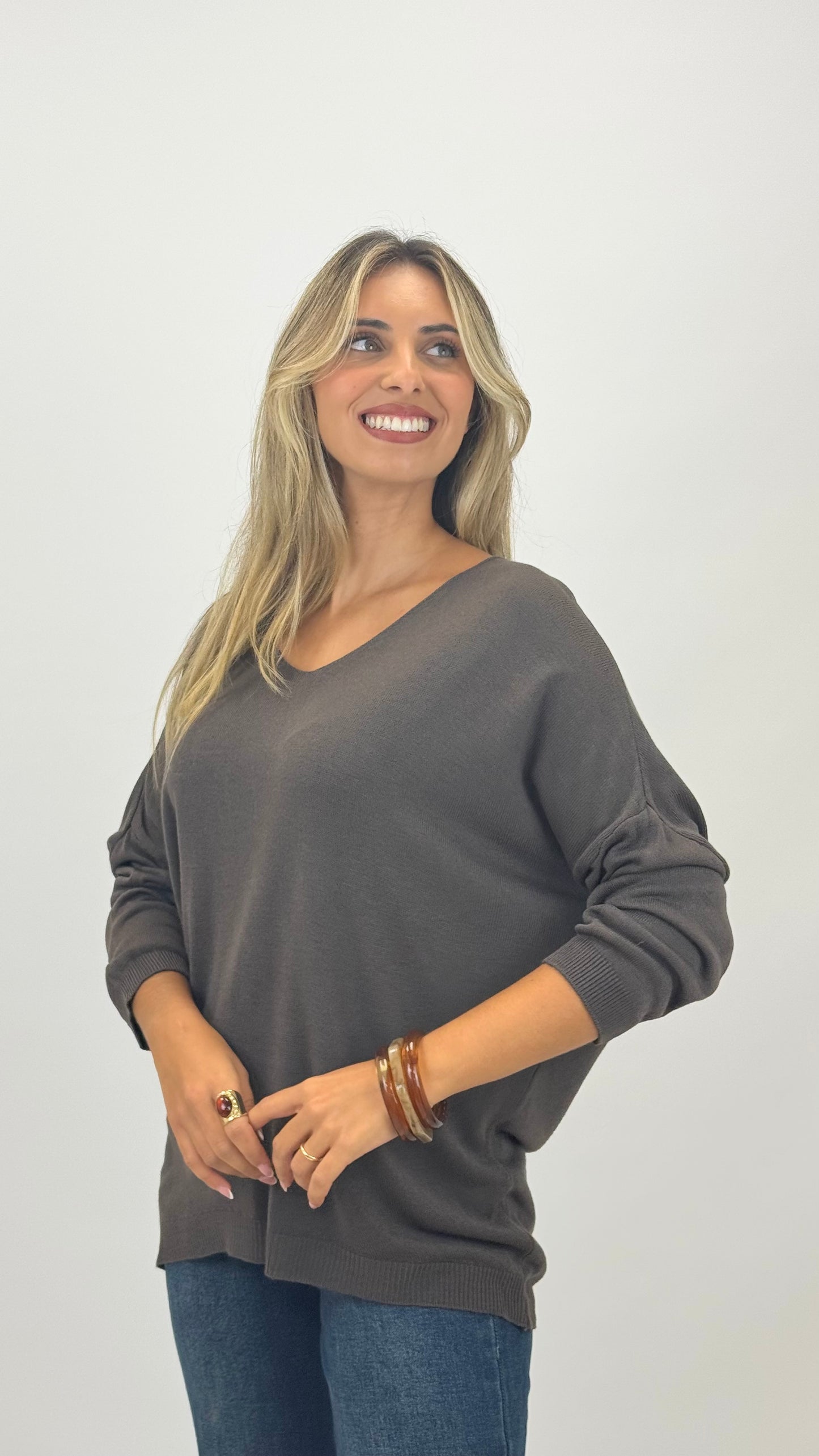 Camisola malha básica manga comprida castanho