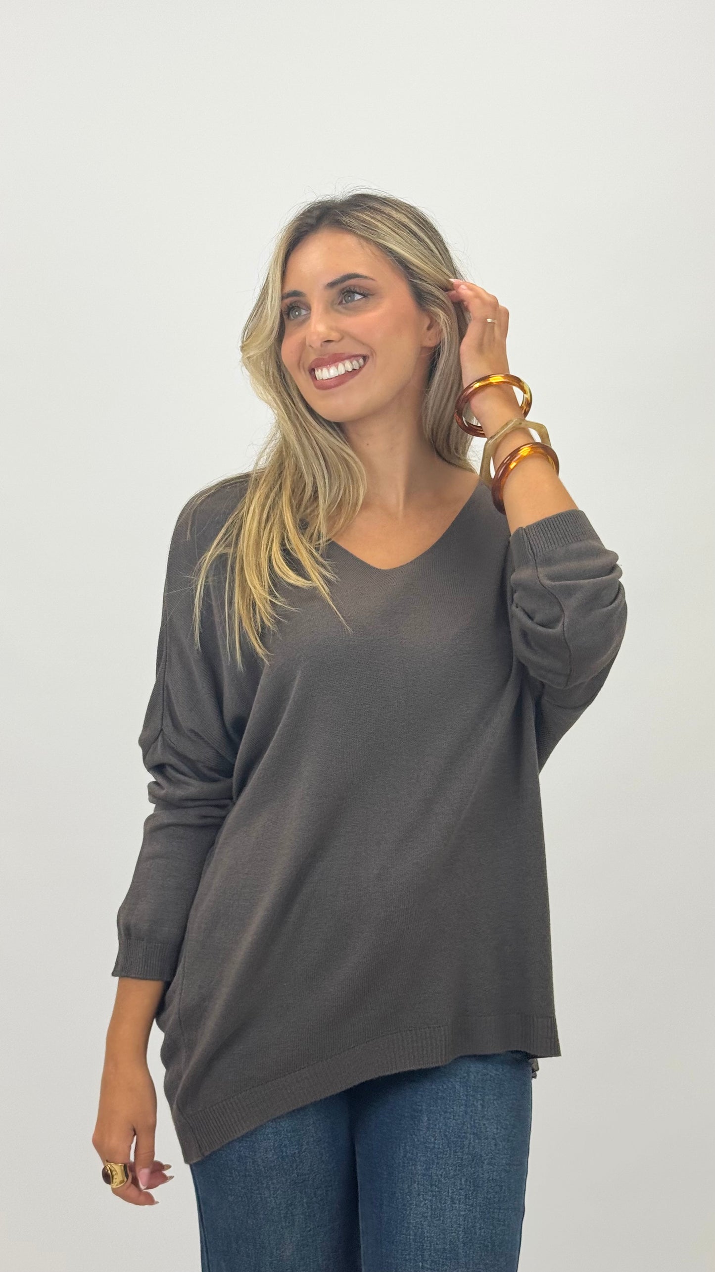Camisola malha básica manga comprida castanho