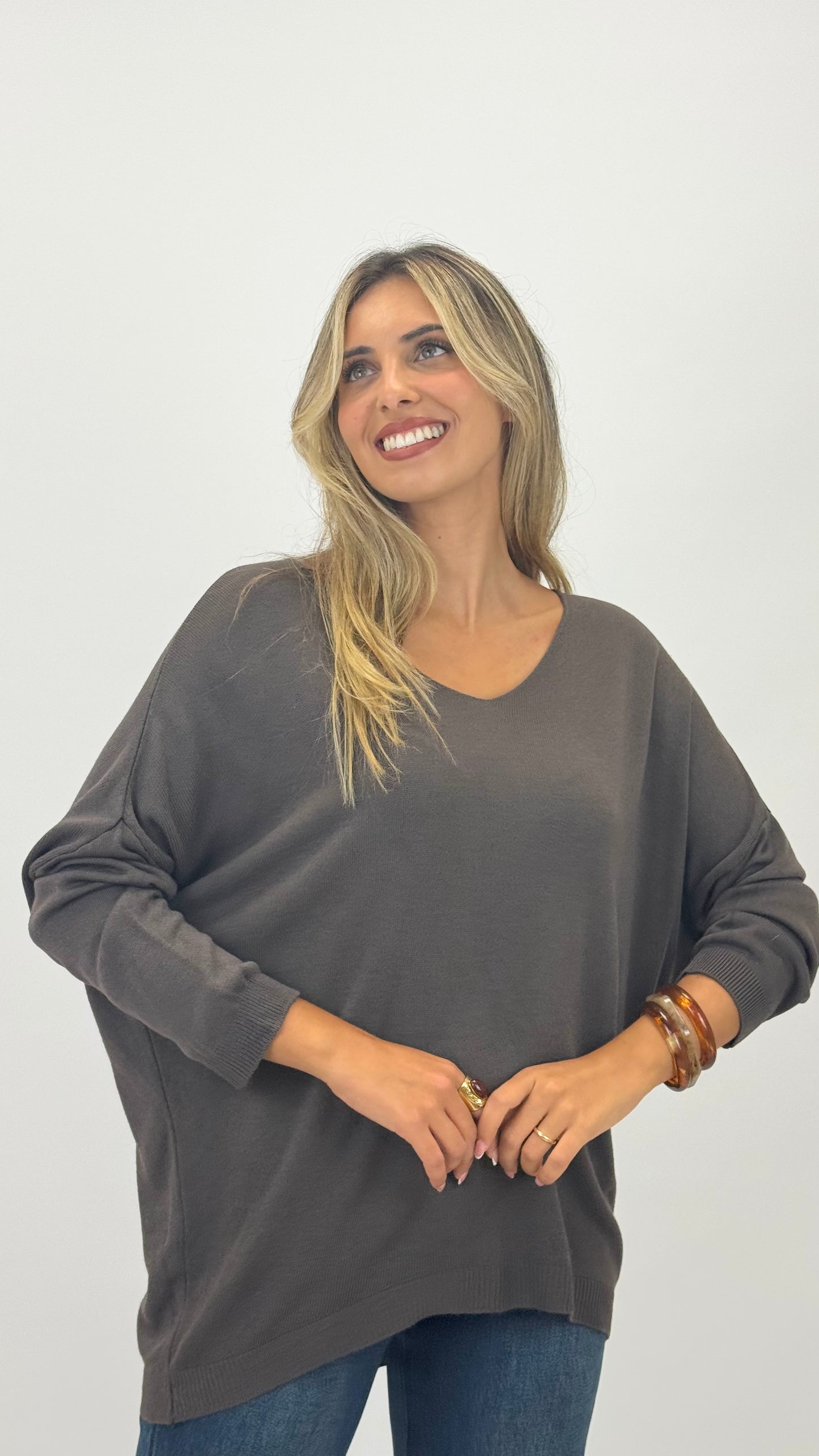 Camisola malha básica manga comprida castanho