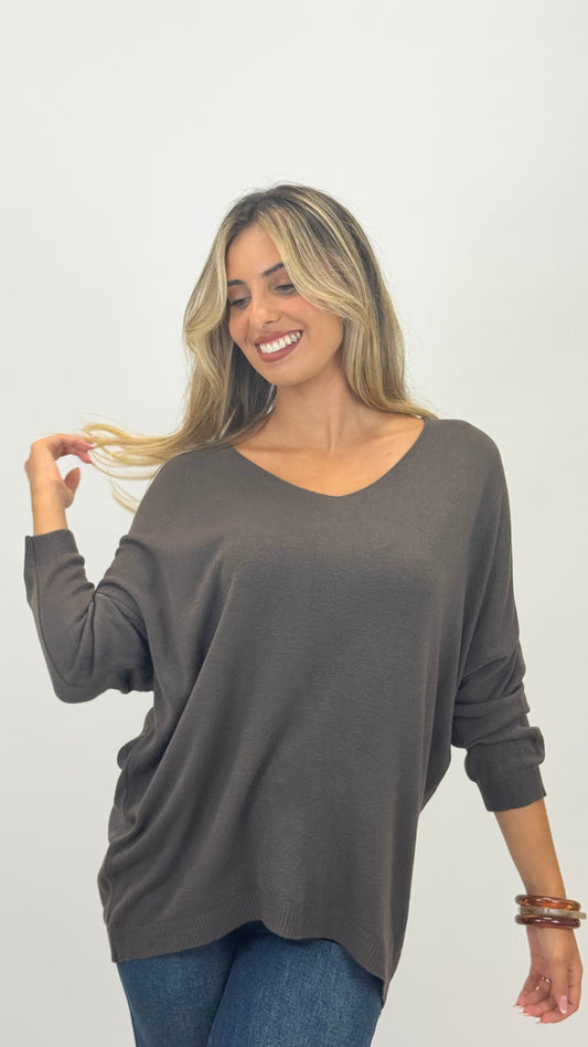 Camisola malha básica manga comprida castanho
