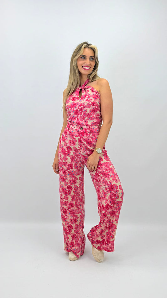 Calça/pantalona floral tons rosa