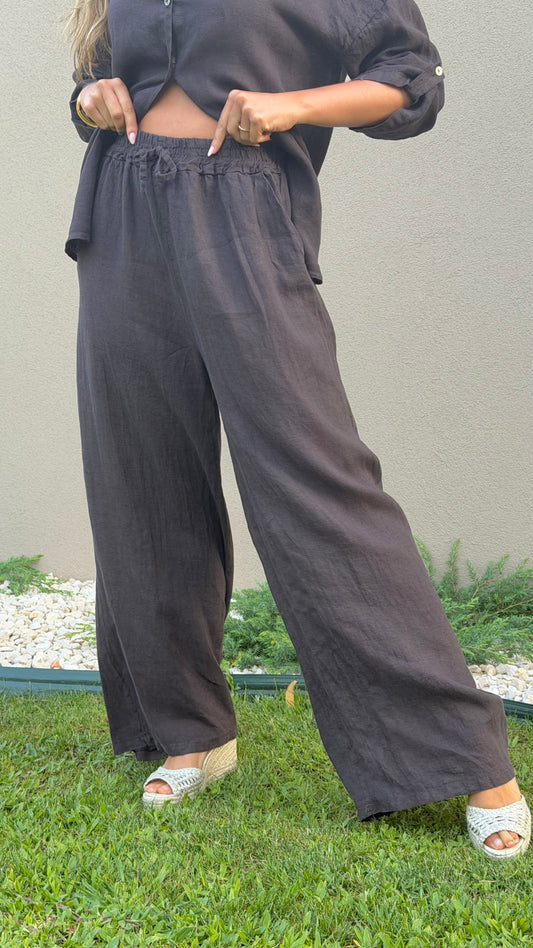 Calça linho castanho