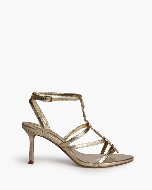 Sandália stilleto dourada com chapinhas douradas