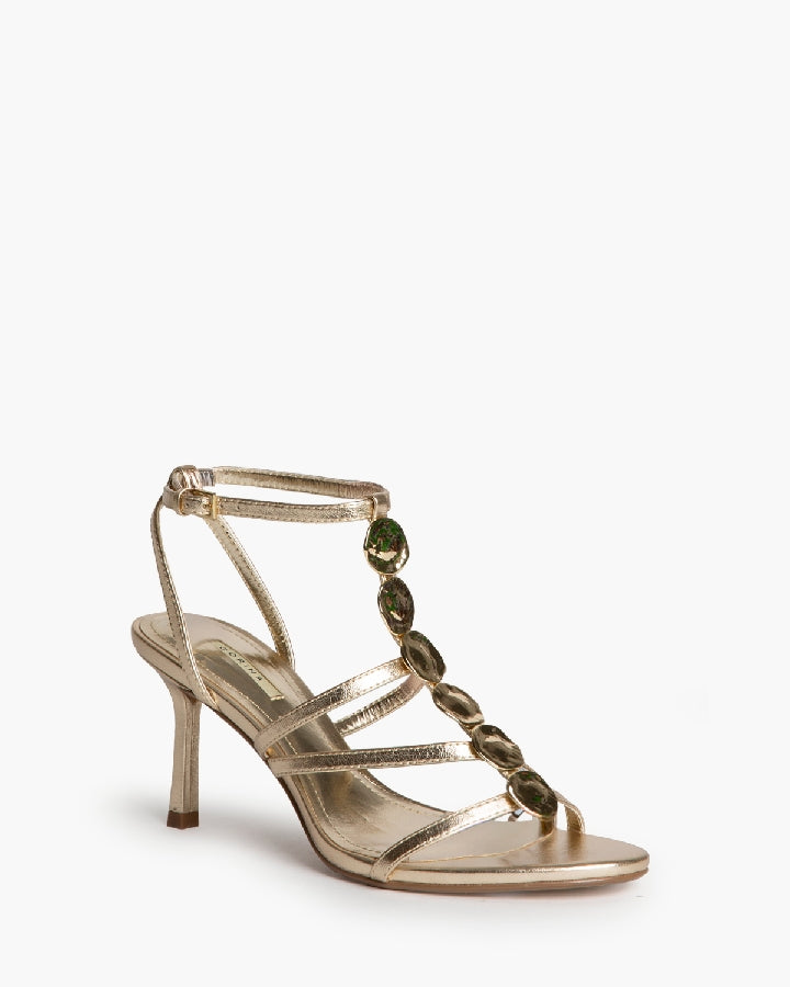 Sandália stilleto dourada com chapinhas douradas