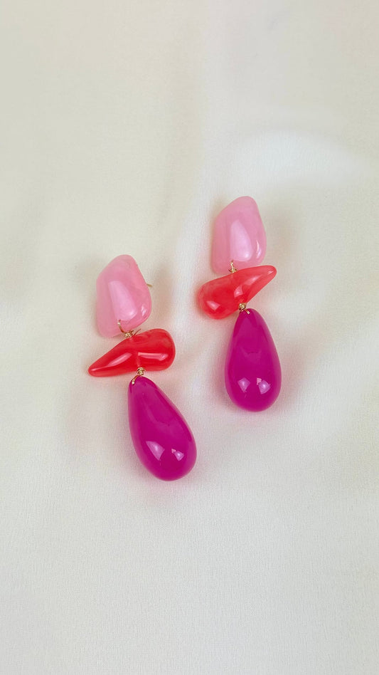 Brincos 3 pedras rosa