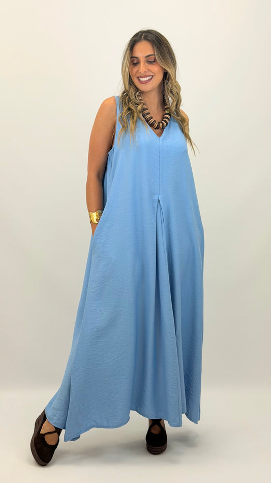 Vestido midi largo com bolsos azul-bebé