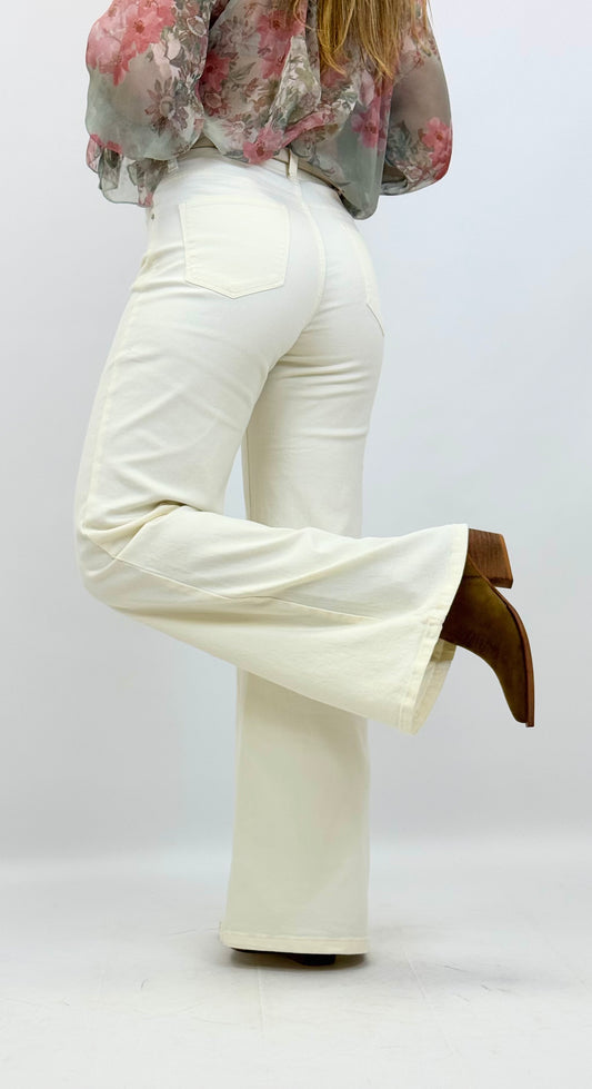 Calça wide-leg em sarja elástica pérola