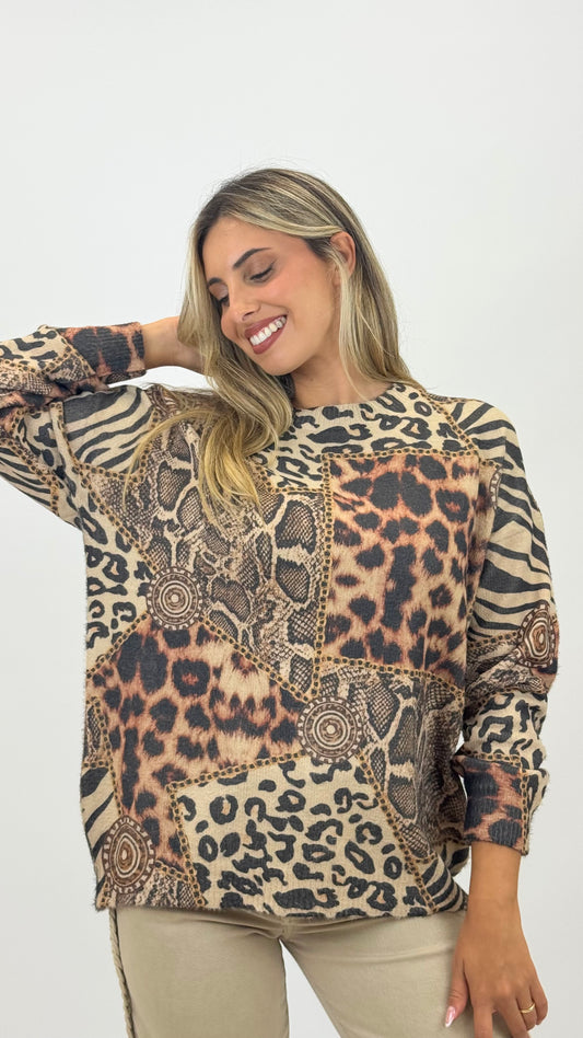 Camisola de malha animal-print tons bege