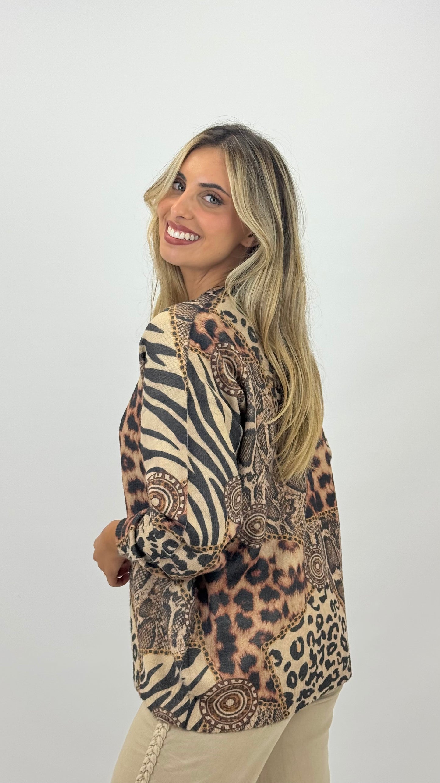 Camisola de malha animal-print tons bege