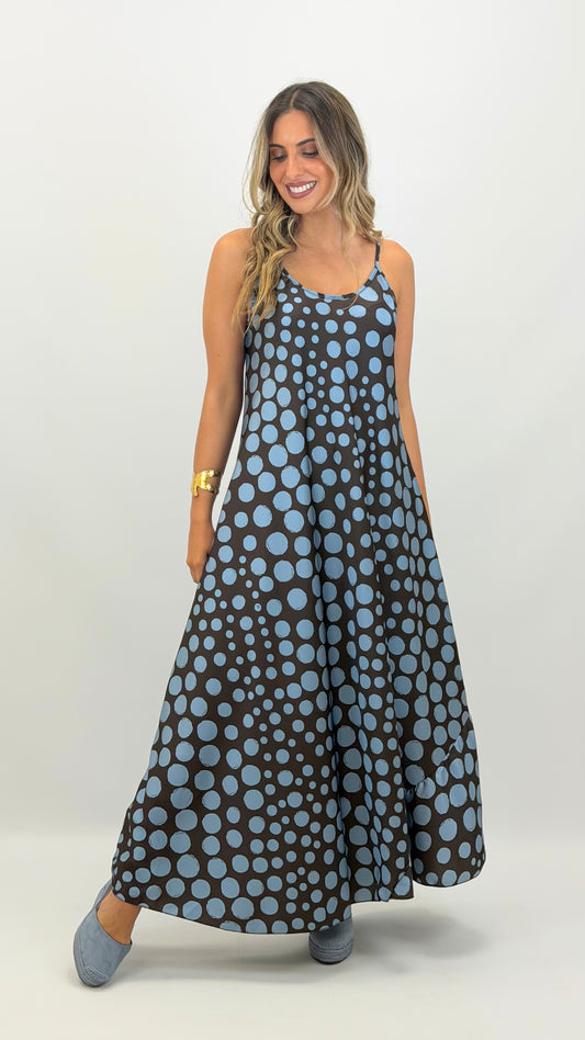 Vestido acetinado alças castanho bolas azuis