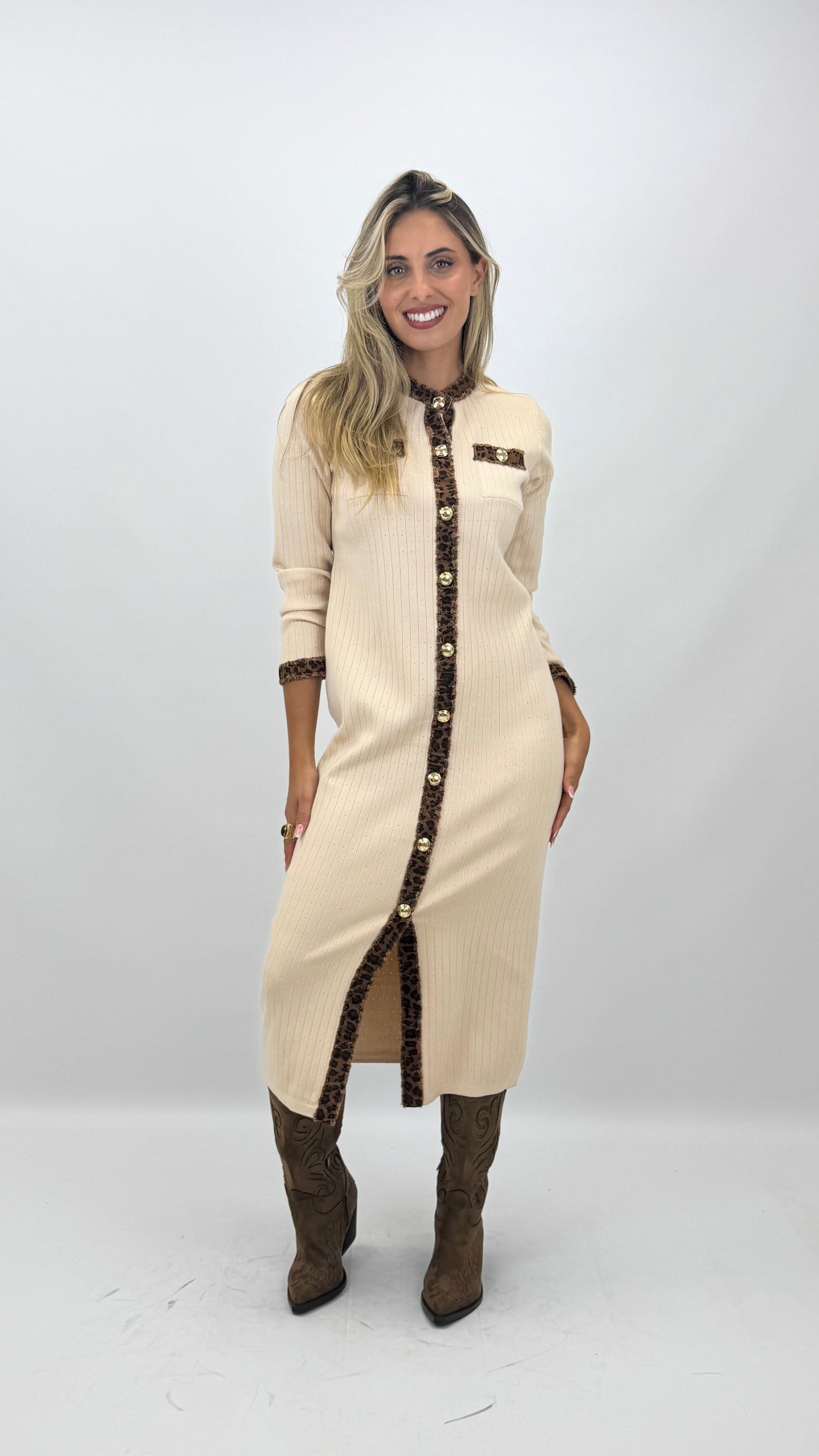 Vestido malha canelada pérola detalhes animal-print