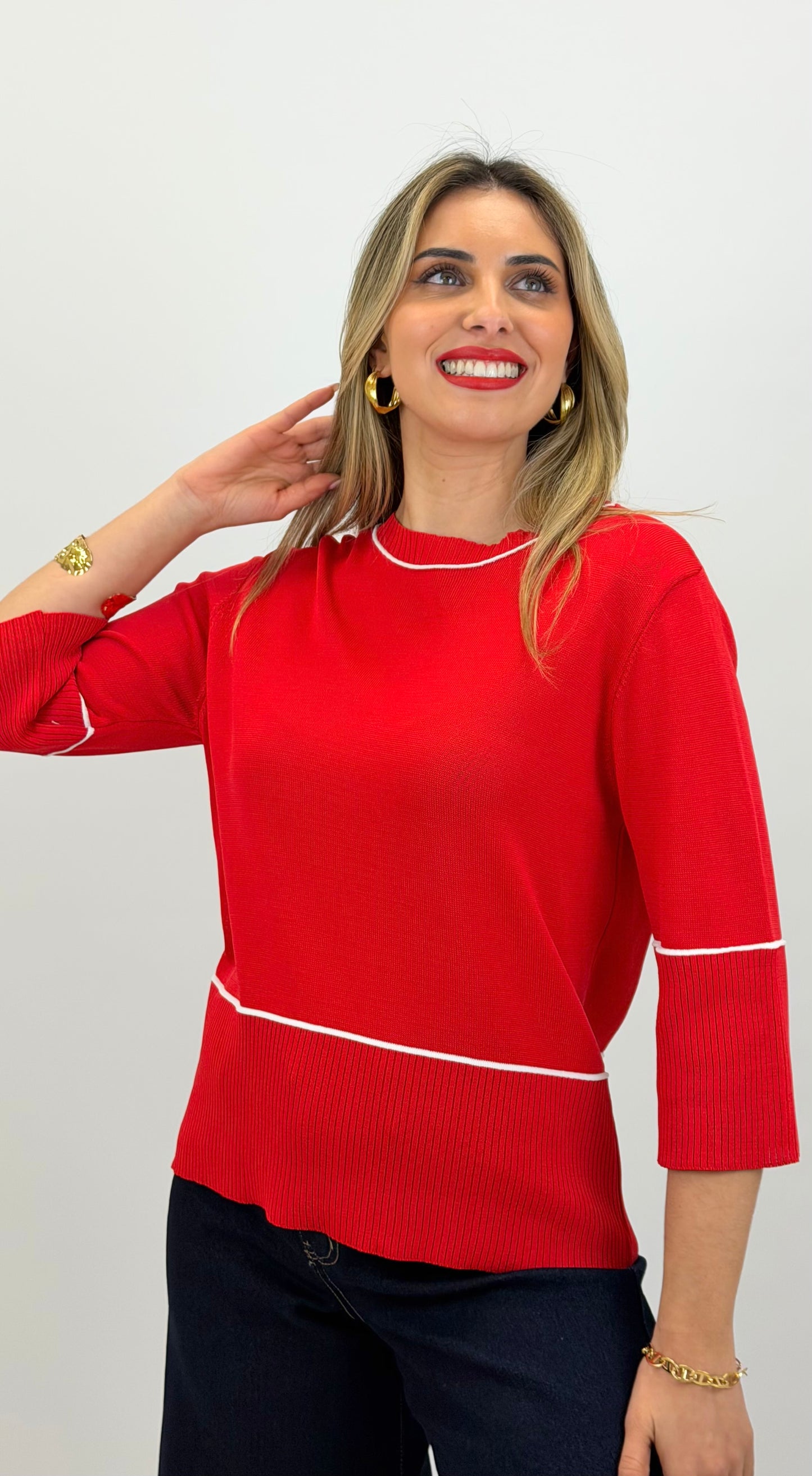 Camisola meia-estação vermelho com debrum branco