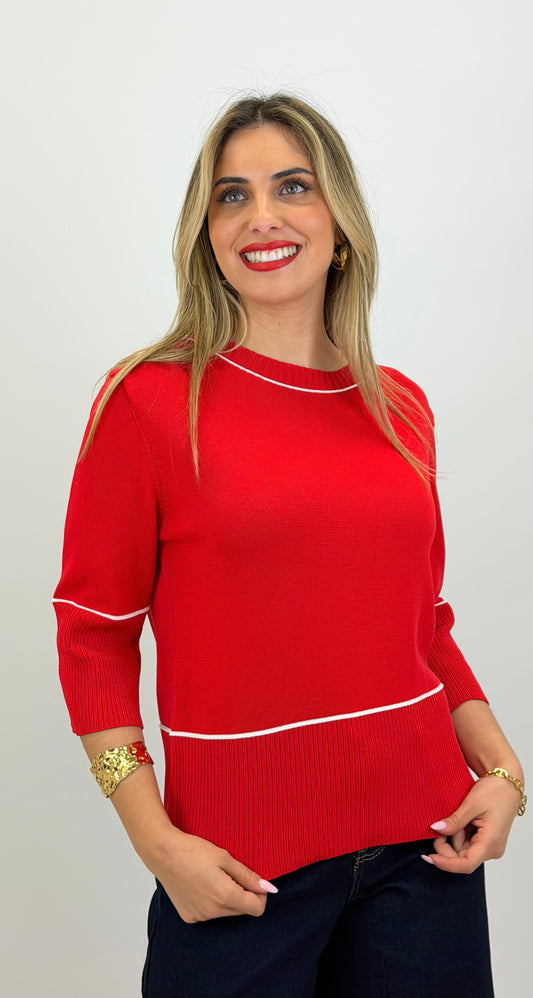 Camisola meia-estação vermelho com debrum branco