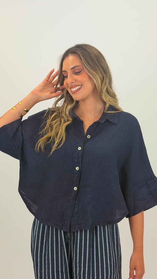 Camisa linho manga 3/4 azul-marinho