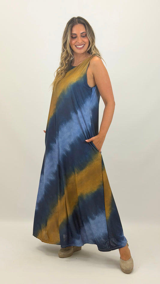 Vestido malha fria degradé azul e amarelo