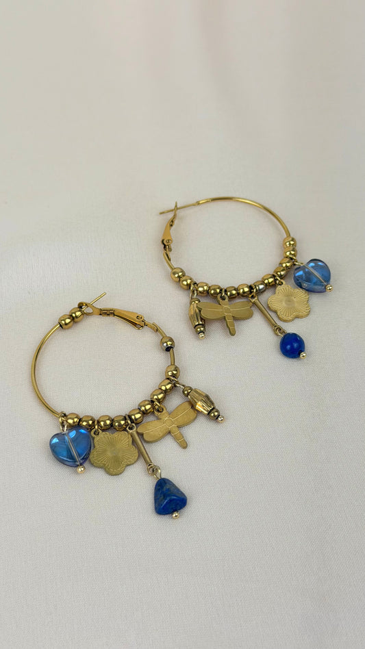 Brincos/argolas aço dourado com pendentes azuis