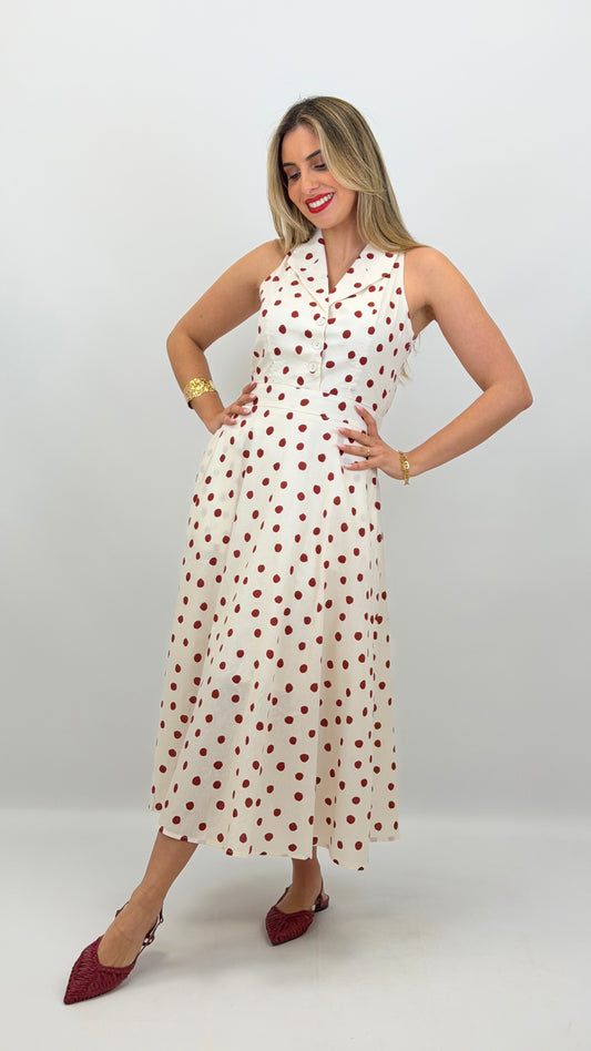 Vestido midi creme com pintas vermelhas